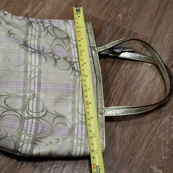 COACH Metallic Gold Plaid Monogram Logo Mini Handbag Luxury Formal Occassion - Picture 7 of 11